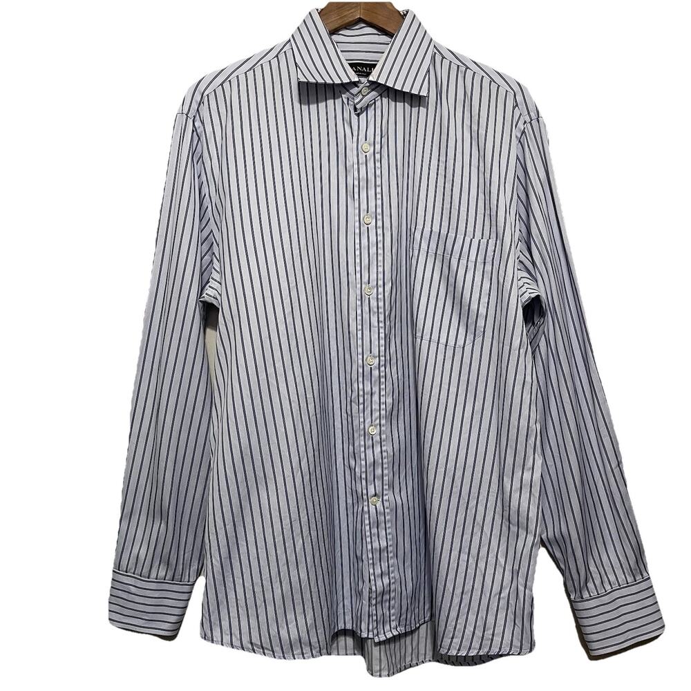 Canali Dress Shirt Mens 17 Blue White Striped Spread Collar Cotton Made in Italy